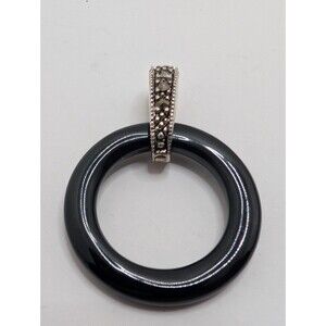 Marcasite Onyx Ring Pendant 925 Sterling Silver Bail Opens Retro Vintage